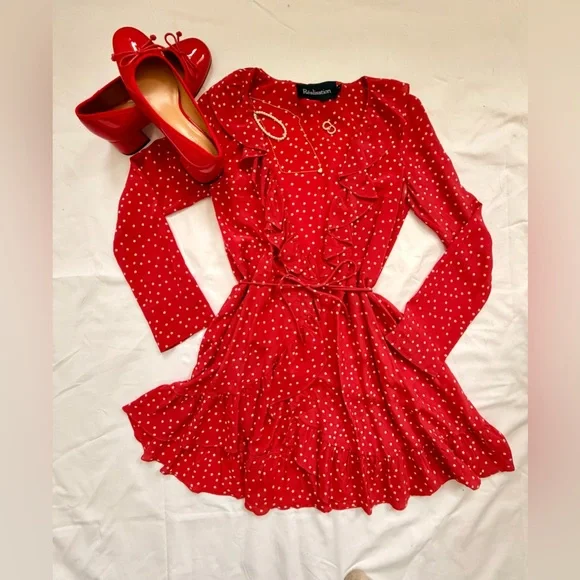 Realisation Par Red Star-Print Ruffle Wrap Dress - Picture 5 of 5